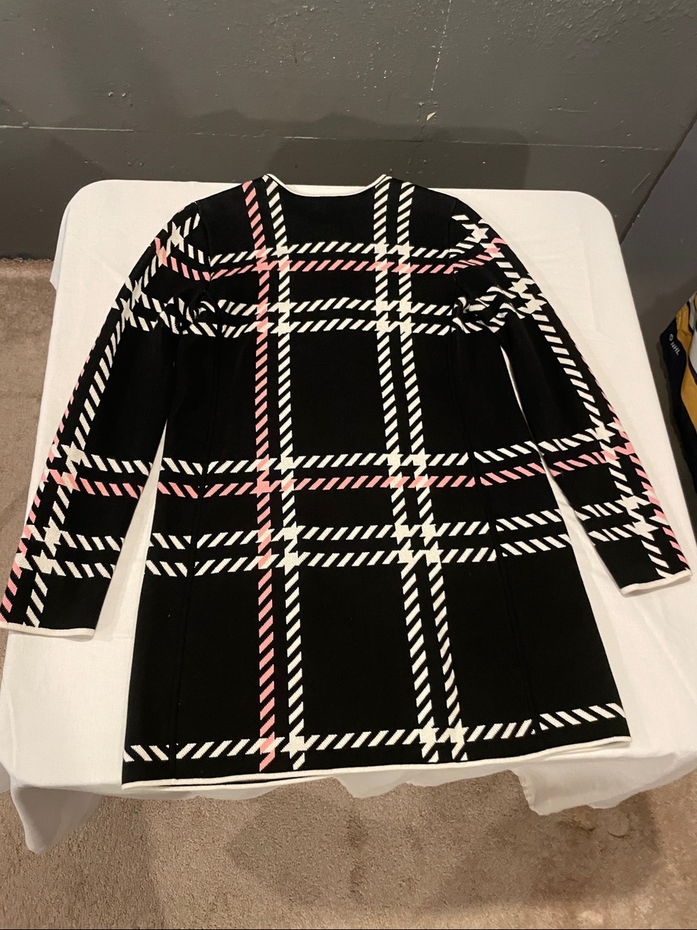 Women's Black Plaid Button Front Coat with Pink & White Accents - Picture 2 of 4
